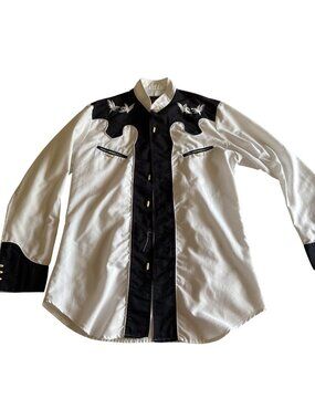 Western Long Sleeve Shirt Embroidered Eagles Toggles Black & White Size Medium